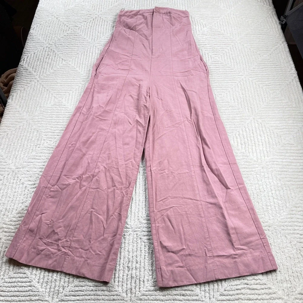 Zara Wide Leg Trousers Women's XS Pink High Waist Linen Blend Minimalist Office